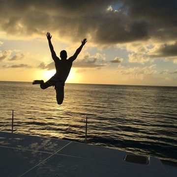 People in nature, Jumping, Sky, Water, Happy, Sunset, Fun, Cloud, Sea, Ocean, 