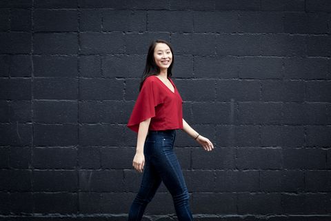 Standing, Jeans, Red, Shoulder, Beauty, Denim, Wall, Joint, Fashion, Photography, 
