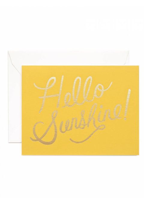 <p>Brighten someone's day, old-school style.</p><p><em data-redactor-tag="em" data-verified="redactor">Rifle Paper Co. Card, $16 for 8; </em><a href="https://riflepaperco.com/hello-sunshine-greeting-card/" target="_blank" data-tracking-id="recirc-text-link"><em data-redactor-tag="em" data-verified="redactor">riflepaperco.com</em></a></p>