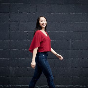 Standing, Jeans, Red, Shoulder, Beauty, Denim, Wall, Joint, Fashion, Photography, 