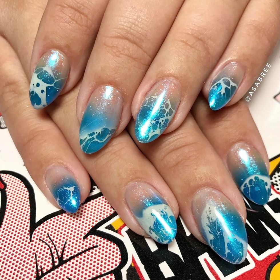Nail, Nail polish, Manicure, Nail care, Blue, Finger, Cosmetics, Turquoise, Azure, Artificial nails, 
