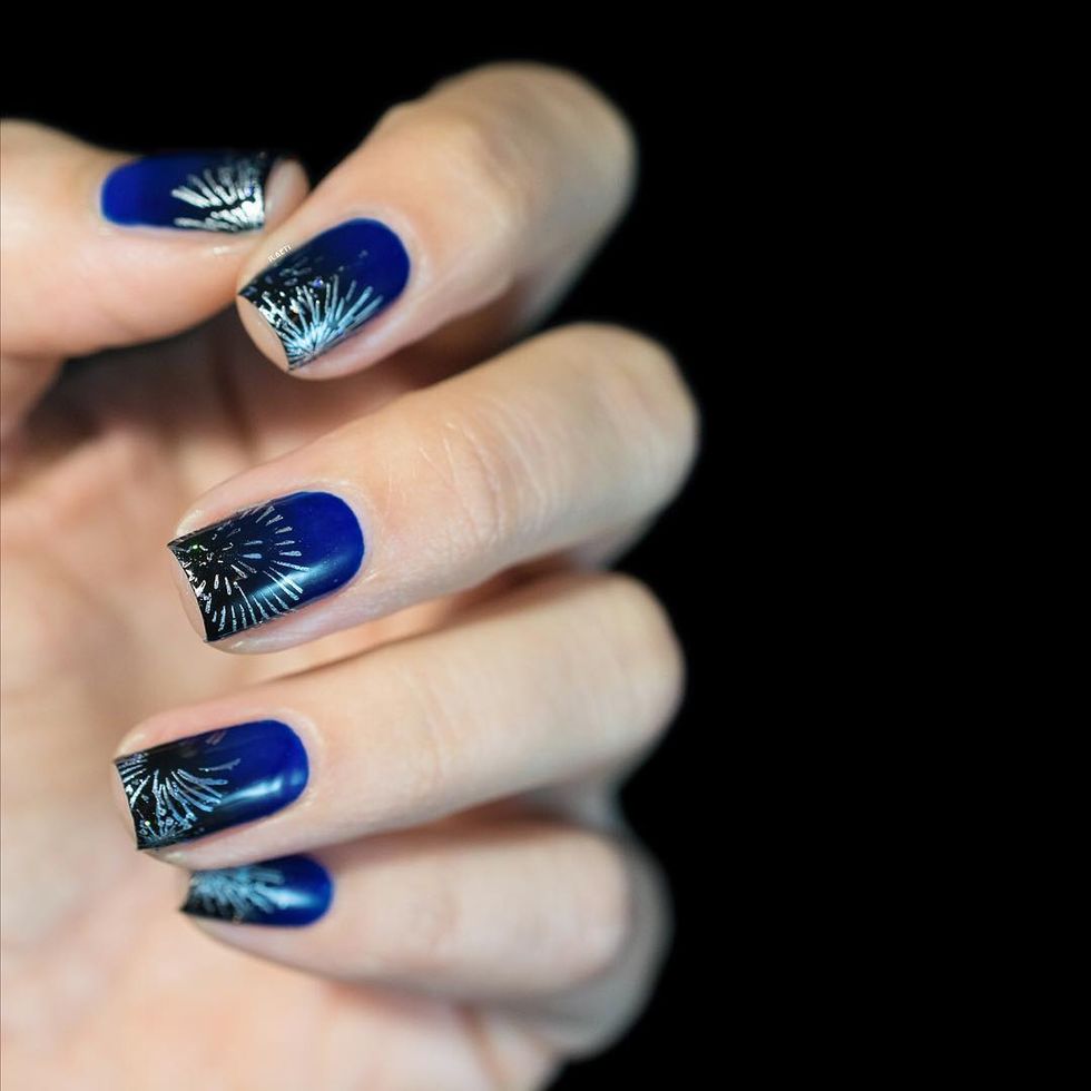 Nail polish, Nail, Blue, Manicure, Finger, Nail care, Cosmetics, Cobalt blue, Hand, Electric blue, 