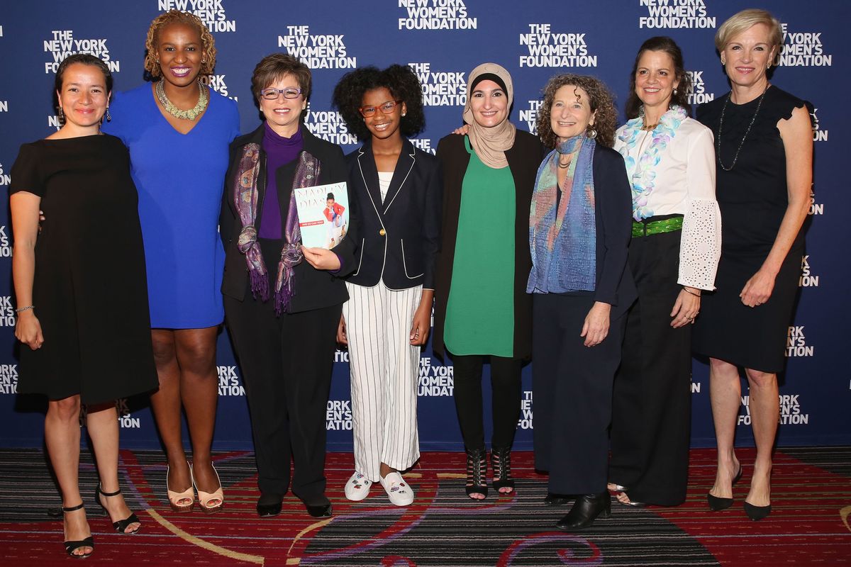 Ana Maria Archila, Valerie Jarrett, Marley Dias, Linda Sarsour, Donna Lieberman, Anne E. Delaney and Cecile Richards attend the 30th Anniversary Celebrating Women Breakfast at Marriott Marquis Hotel on May 11, 2017 in New York City.