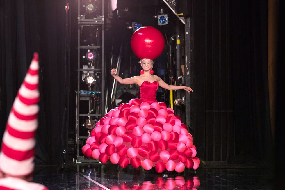Pink, Red, Fashion, Dress, Stage, Performance art, Performance, Event, Haute couture, Magenta, 