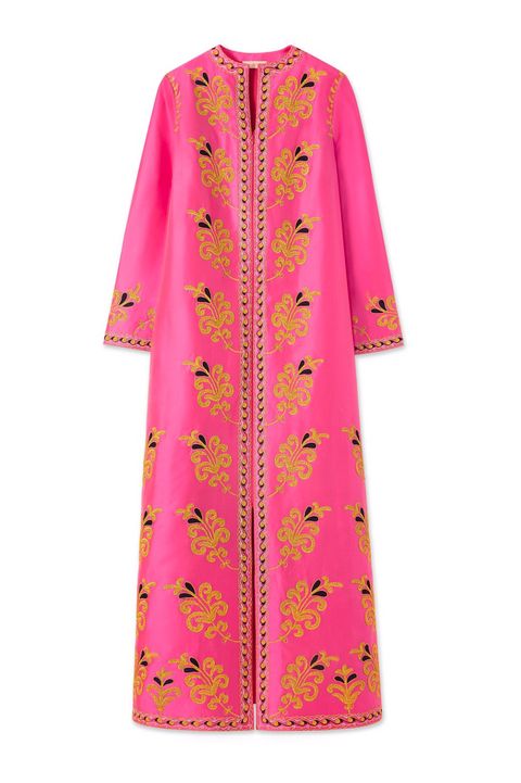Clothing, Pink, Magenta, Sleeve, Yellow, Dress, Embroidery, Outerwear, Robe, Day dress, 