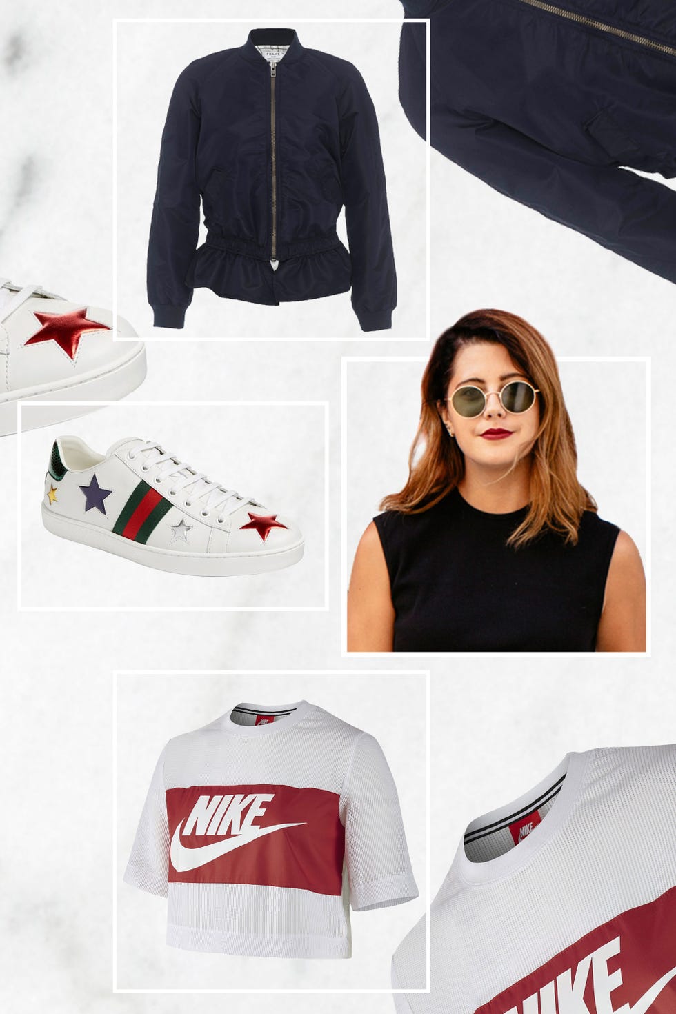 <p><strong data-redactor-tag="strong" data-verified="redactor"></strong><strong data-redactor-tag="strong" data-verified="redactor">Jena Gambaccini, <a href="https://www.instagram.com/ChiCityFashion/" target="_blank">@ChiCityFashion</a></strong></p><p> Chicago-based blogger and founder of Chi City Fashion, Jena Gambaccini counts on the windy city to guide her picks.&nbsp;"We're a very practical, utilitarian city," she tells us. "The weather can easily drop, so you have to be prepared." That's why this casual-comfortable city is becoming synonymous with an equally easy trend. "Athleisure has had a strong presence in Chicago: We like to be practical without compromising style. This trend does just that."</p><p><em data-redactor-tag="em" data-verified="redactor">Clockwise from top left:</em><span class="redactor-invisible-space" data-verified="redactor" data-redactor-tag="span" data-redactor-class="redactor-invisible-space"><em data-redactor-tag="em" data-verified="redactor"> FRAME jacket, $349, <a href="http://shop.nordstrom.com/c/all-womens-contemporary?campaign=0508vacation78&amp;mcamp=4304&amp;cm_sp=merch-_-multi_0529_contemporary_4304-_-freelayout_shop10&amp;cm_mmc=Mindshare_Nordstrom-_-0508contemporary78-_-Elle-_-EditorialArticleJune" target="_blank" data-tracking-id="recirc-text-link">nordstrom.com</a>; Gucci sneakers, $620, <a href="https://www.gucci.com/us/en/pr/women/womens-shoes/womens-sneakers/ace-embroidered-low-top-sneaker-p-454562DOP509076?position=68&amp;listName=ProductGridComponent&amp;categoryPath=Women/Womens-Shoes/Womens-Sneakers" target="_blank">gucci.com</a>; Nike top, $45, </em><a href="http://shop.nordstrom.com/s/nike-sportswear-mesh-crop-top/4495059?origin=category-personalizedsort&amp;fashioncolor=WHITE%2F%20TRACK%20RED%2F%20WHITE" target="_blank"><em data-redactor-tag="em" data-verified="redactor">nordstrom.com</em></a></span><br></p>