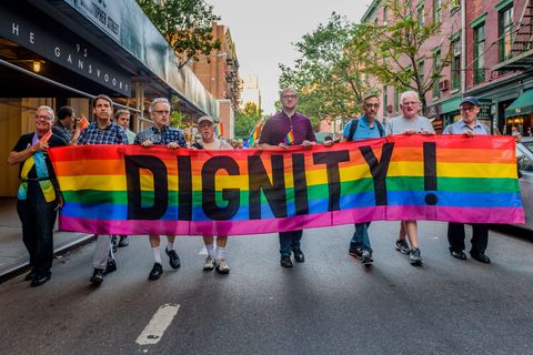 Gays Against Guns organized a rally and march in New York Citys West Village, starting at The Stonewall Inn on June 14, 2017