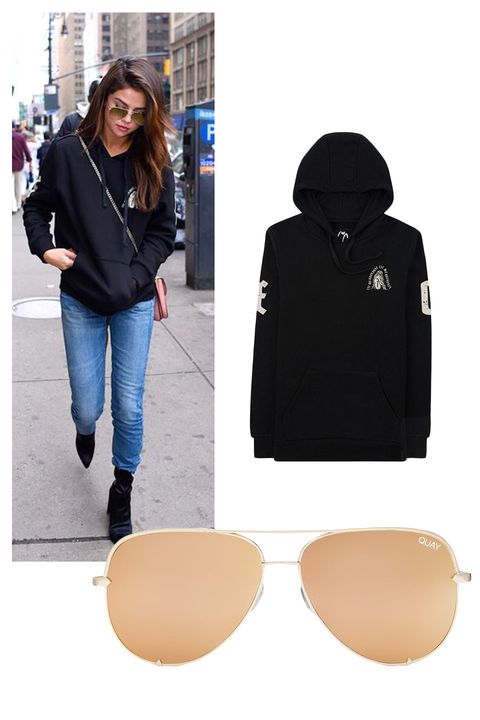 <p>The Weekend Allure Fleece Pullover Hoodie, $78;&nbsp;<a href="https://www.theweeknd.com/store/allure-hoodie" target="_blank" data-tracking-id="recirc-text-link">theweeknd.com</a></p><p>Quay x Desi Perkins High Key Aviator Sunglasses, $65;&nbsp;<a href="http://shop.nordstrom.com/s/quay-australia-x-desi-perkins-high-key-62mm-aviator-sunglasses/4438883?origin=keywordsearch-personalizedsort&amp;fashioncolor=SILVER%2F%20SILVER" target="_blank" data-tracking-id="recirc-text-link">nordstrom.com</a></p>