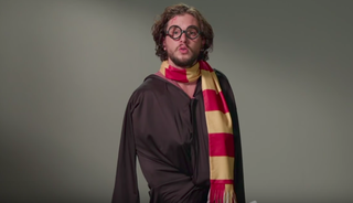 Glasses, Vision care, Sleeve, Human body, Facial hair, Standing, Collar, Cloak, Maroon, Costume, 