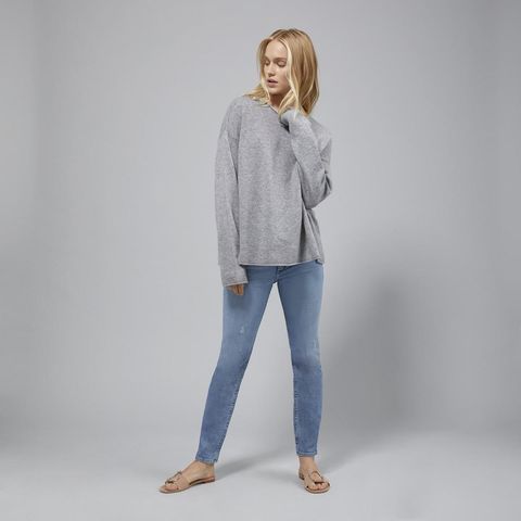 Clothing, White, Jeans, Blue, Denim, Shoulder, Neck, Outerwear, Standing, Sleeve, 