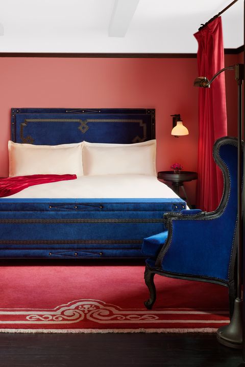 Blue, Bed, Room, Interior design, Bedroom, Textile, Bedding, Wall, Linens, Floor, 