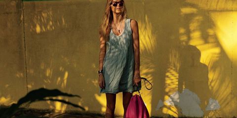 Sunglasses, Bag, Dress, Fashion accessory, Street fashion, Luggage and bags, Blond, Goggles, Day dress, Fawn, 