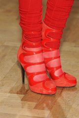 Floor, Red, Human leg, Flooring, Carmine, Boot, Hardwood, Wood flooring, Knee-high boot, Synthetic rubber, 