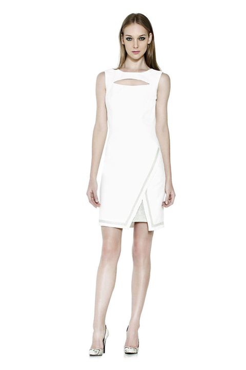 Sleeve, Dress, Shoulder, Human leg, Standing, Joint, White, One-piece garment, Style, Elbow, 