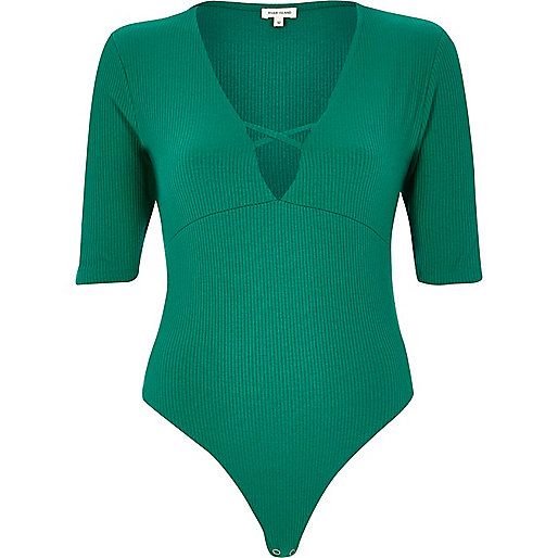 Buy Ardene Ribbed Sweetheart Neck Bodysuit In Green