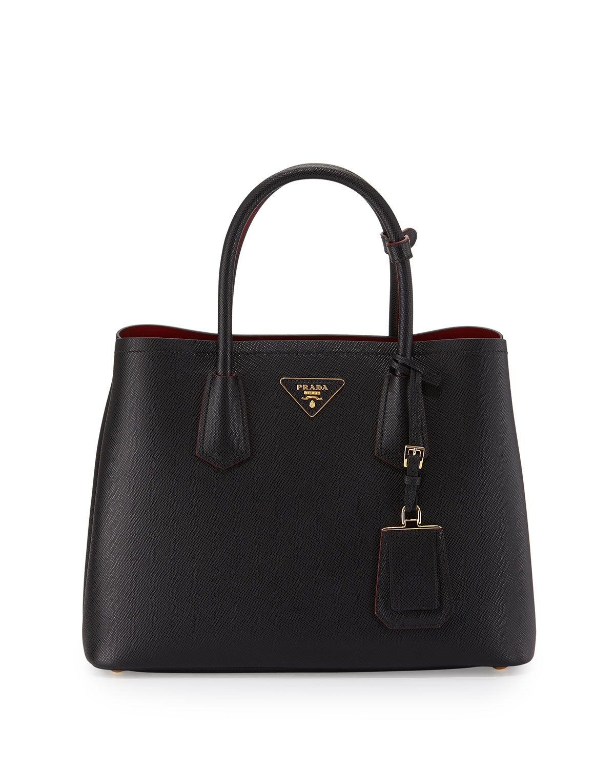 Prada Grey/Burgundy Saffiano Cuir Leather Medium Double Handle