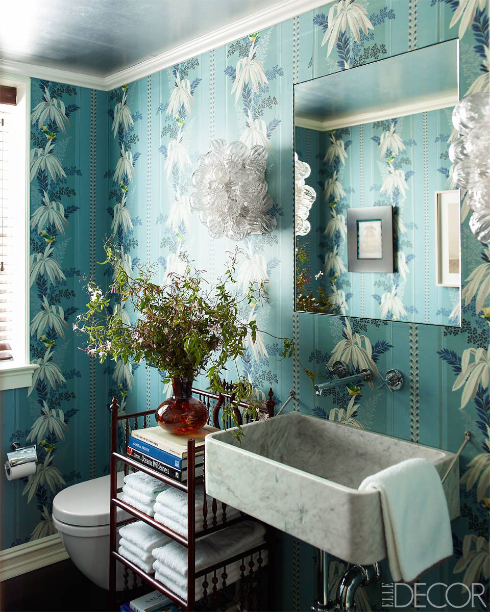 Blue Washstand with Katie Ridder Peony Wallpaper  Transitional  Bathroom