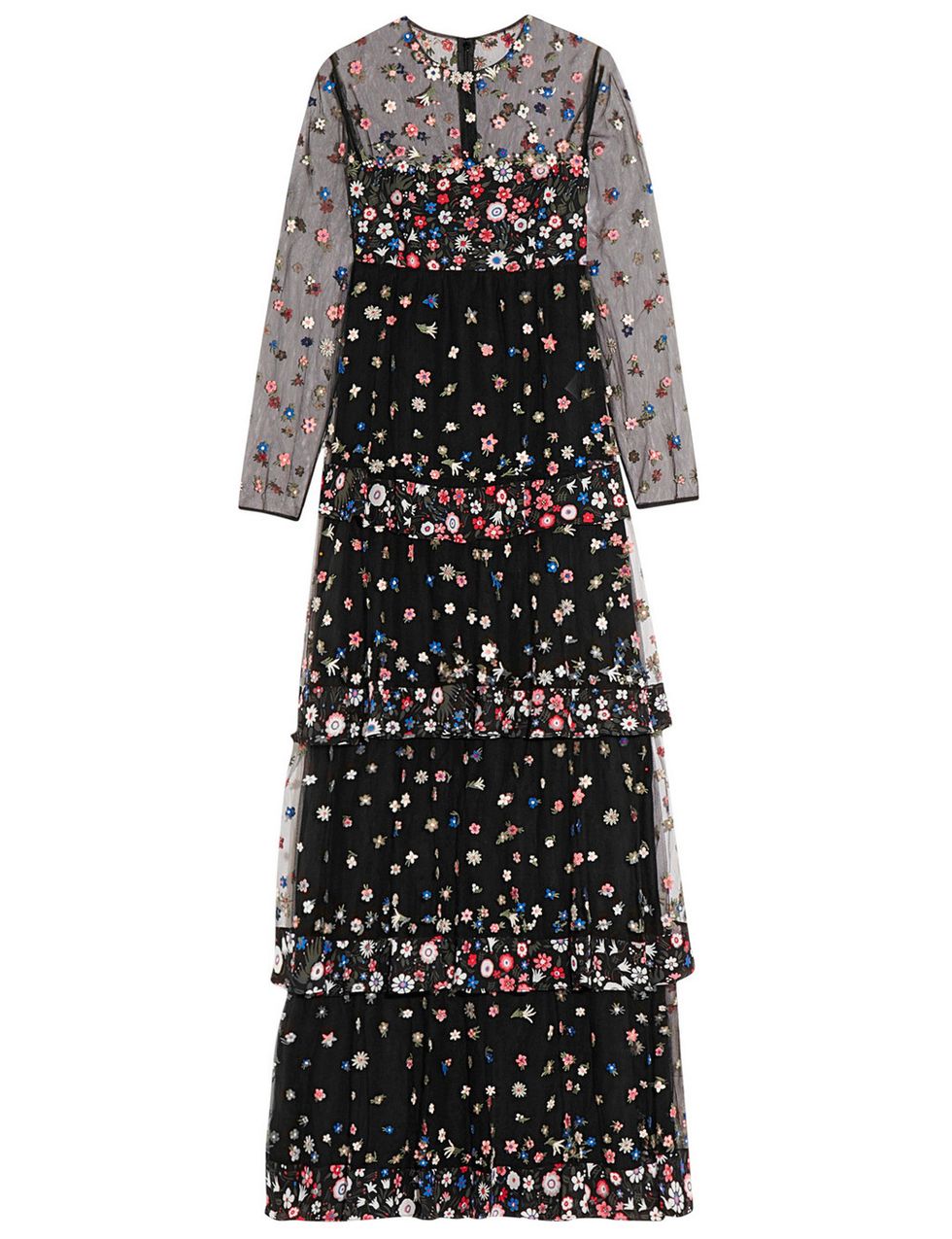 <p>Vestido de seda y chifón con transparencias y 'print' floral inspirado en 'La primavera' de Botticelli (14.000 €), de <strong>Valentino.</strong></p>
