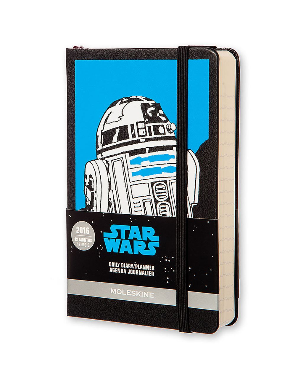 <p>Agenda diaria para 2016 con R2-D2 serigrafiado, de bolsillo, en tapa dura (19,90 €), de <a href="https://store.moleskine.com/esp/agendas/agendas-diarias-2016/12-meses-agenda-diaria-de-la-guerra-de-las-galaxias/p735?lang=es-ES&amp;utm_source=Moleskine_website&amp;utm_medium=textlink&amp;utm_campaign=catalogue_schedules" target="_blank"><strong>Moleskine.</strong></a></p>