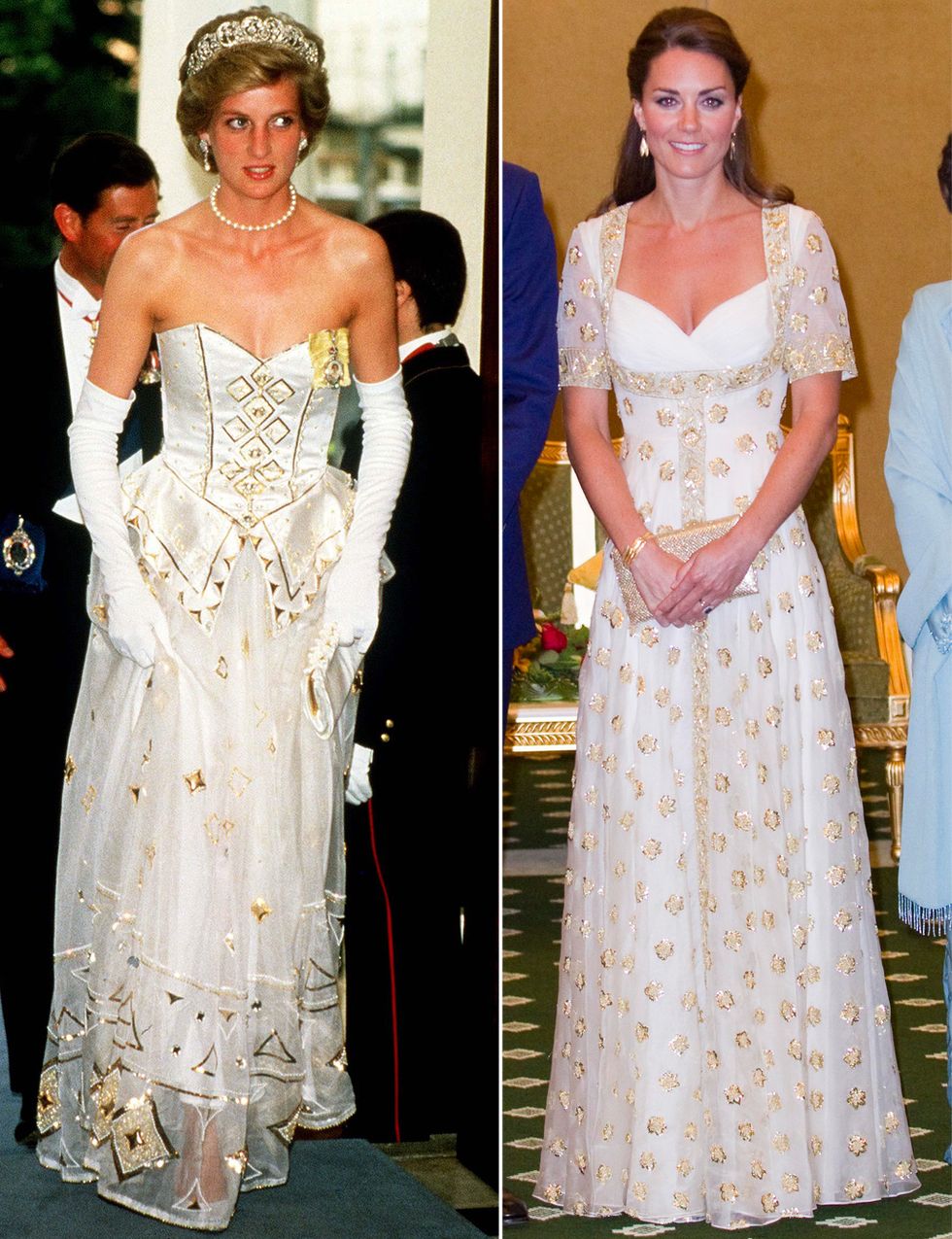 <p>Los vestidos no son los mismos pero coinciden en los colores, blanco y dorado, y en que los dos son estampados. Kate debió tirar de hemeroteca para homenajear a Diana.&nbsp;&nbsp;</p>