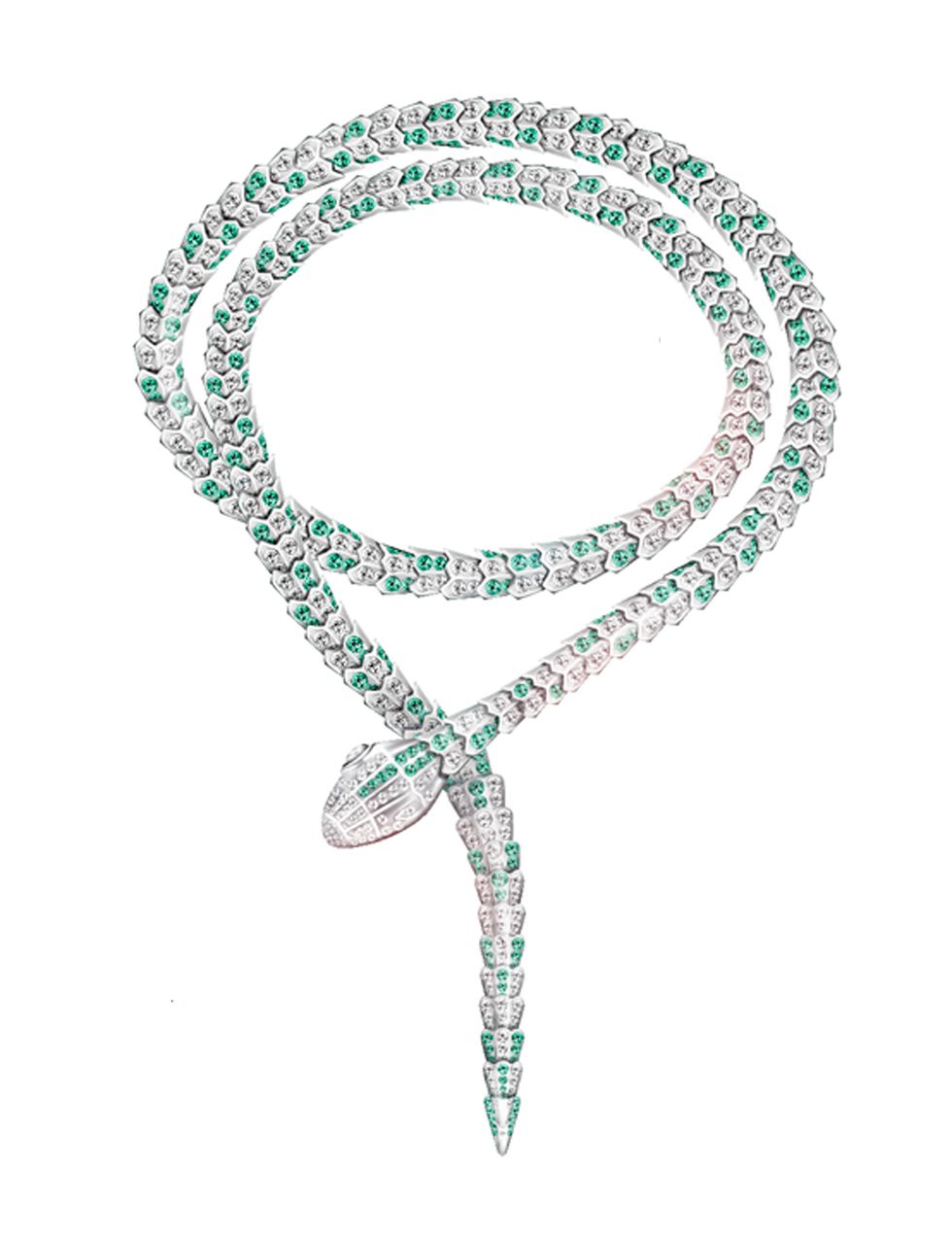 <p>En oro blanco, adornado con diamantes y esmeraldas, este collar está valorado en 1,3 millones de dólares. Elizabeth Taylor llevó numerosas serpientes en su papel en la película 'Cleopatra'.</p>