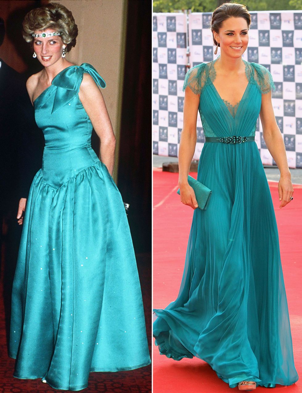 <p>El turquesa es otro color que ambas han lucido. Diana en 1985 con un vestido asimétrico y Kate en 2012 con un diseño de <strong>Jenny Packham</strong>.&nbsp;</p>
