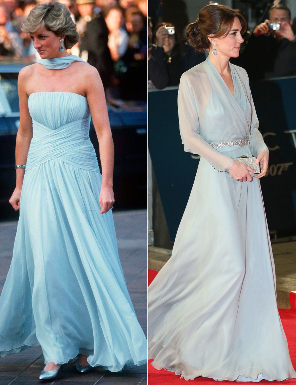 <p>En 1987 Diana acudió al festival de Cannes con este vestido palabra de honor drapeado en azul de <strong>Catherine Walker</strong>. En 2015 Kate apostaba por un estilo similar con este vaporoso diseño de de <strong>Jenny Packham</strong> para la premiere mundial de la película de 007 'Spectre'.&nbsp;</p>