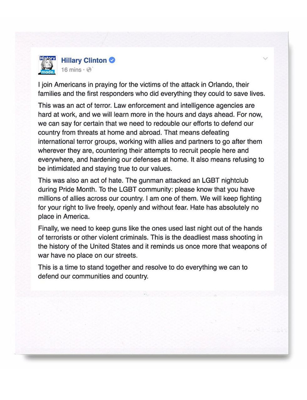 <p><strong>Hillary Clinton</strong> compartió el mensaje que había publicado en su perfil de Facebook.</p>