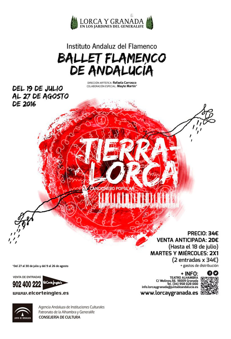 <p>Hasta el 27 de agosto, el Ballet Flamenco de Andalucía representa <a href="http://www.juntadeandalucia.es/cultura/bfa/tierra-lorca-cancionero-popular/" target="_blank"><strong>‘Tierra-Lorca. Cancionero popular’</strong></a>en los Jardines del Generalife y otros espacios emblemáticos de la ciudad. La propuesta está inspirada en el ‘Cancionero popular’ de Federico García-Lorca y, con la coreografía preparada por Rafaela Carrasco, quiere transmitir el sentir del granadino más universal y las hondas raíces del folklore español con alguno de los sones más espectaculares del flamenco. Entradas: 34 euros.</p><p>&nbsp;</p>