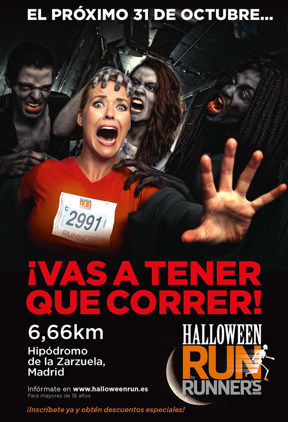 <p>Te morirás de miedo en esta carrera: correrás de noche por tierra, asfalto, tramos iluminados y otros en penumbra; una distancia de 6,66 km (el número de la bestia), en un itinerario circular que empieza y termina en el Hipódromo de Madrid. La <a href="http://www.halloweenrun.es/" target="_blank"><strong>Halloween Run 2015</strong></a> promete muchas sorpresas y emociones, además de mucha diversión. Se puede y se recomienda participar disfrazado y es recomendable llevar algo de luz frontal... para evitar sustos.</p>