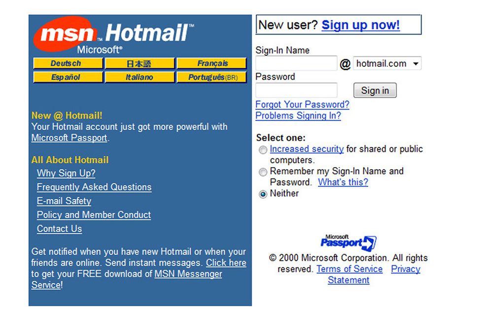 <p>
<strong>Qué era:</strong> Fue el primer cliente de correo masivo del planeta; hubo un momento en que todo el mundo tenía un correo de Hotmail (ojo, en 1997, ya tenía 8,5 millones de usuarios).<br />
<strong>Visto años después...</strong> Los problemas de seguridad le hicieron blanco de las críticas, a la vez que perdía peso en diseño (no hay más que ver este pantallazo, de 2000) frente a Yahoo Mail. Al final, Gmail se llevó el gato al agua ofreciendo un correo sencillo con 1Gb de capacidad, frente a los 2 Mb máximos de Hotmail.<br /><strong>¿Lo recuperamos?</strong> Microsoft decidió finiquitarlo en 2010 y reconvertirlo en Outlook.com, aunque siguen operativas las viejas cuentas de Hotmail. Tú sabrás.</p>