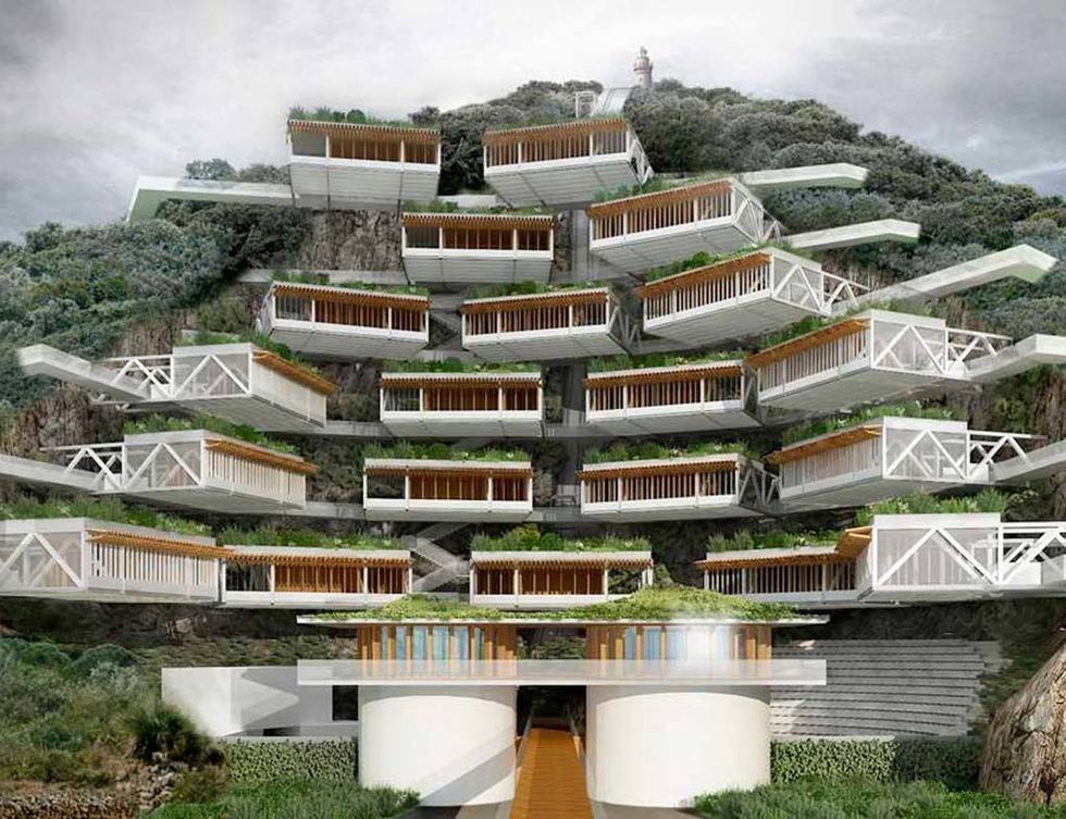 <p>El estudio de arquitectura belga Samyn and Partners ha ideado esta impresionante obra de ingeniería. Un hotel excavado en la montaña que utiliza como fondo el manto vegetal de ésta y utiliza las azoteas de las habitaciones como jardines. En total, casi 5.000 m2 que de momento son un prototipo, pero quizá algún día se conviertan en realidad.</p>