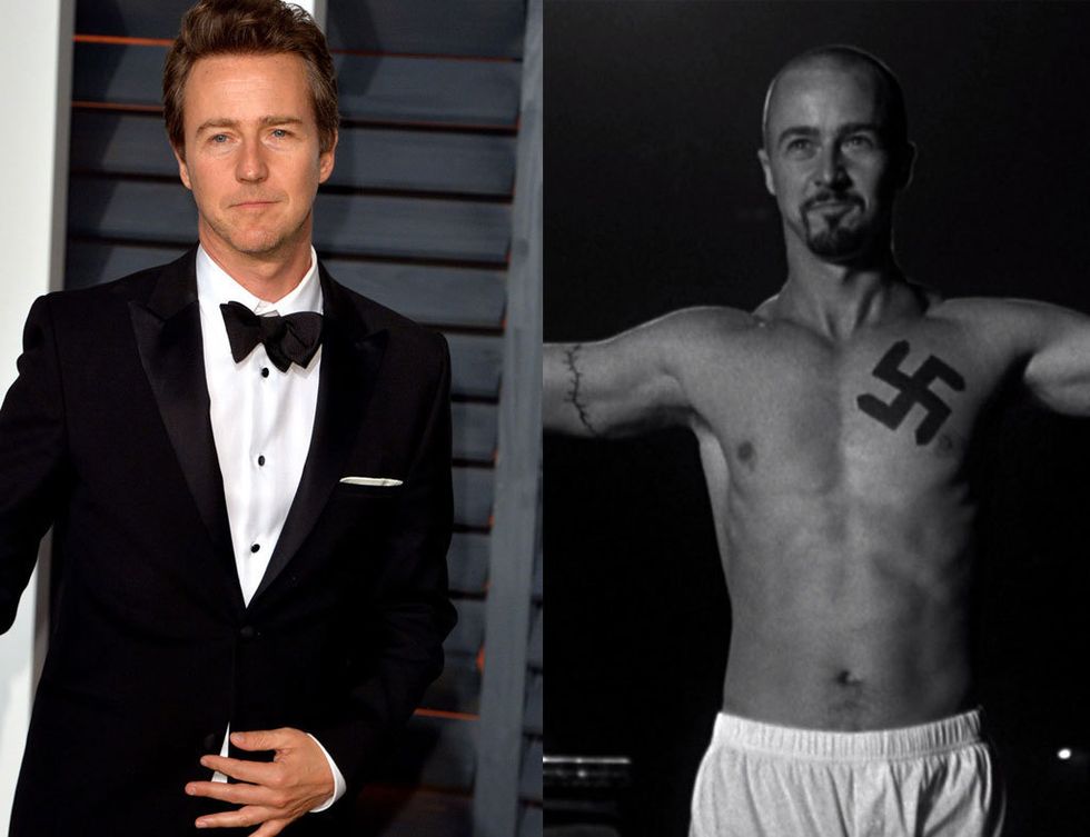 <p>Derek Vinyard, un neonazi 'skinhead' fue insterpretado magistralmente por el actor <strong>Edward Norton</strong> en <strong>'American History X'</strong>.</p><p>Para ello aumentó <strong>14 kilos de masa muscular</strong> gracias a una dieta hiperprotéica combinada con pesas y squats.</p>