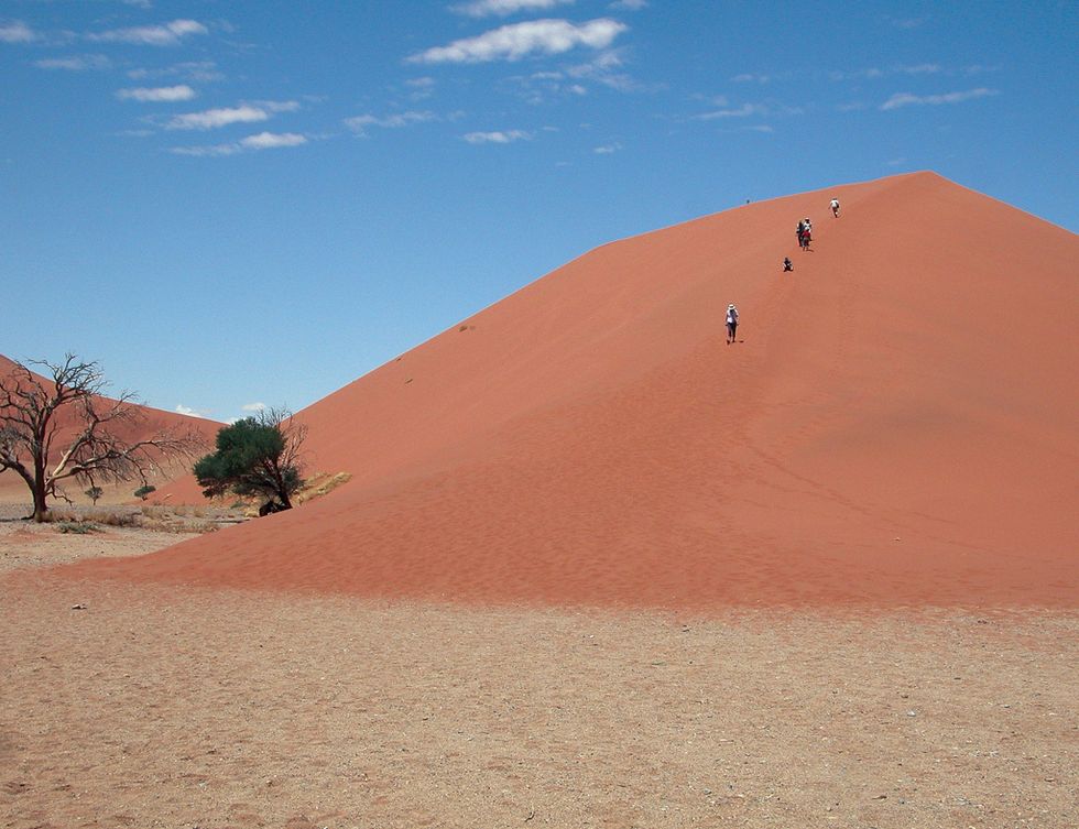 <p>En el desierto de Namib, en Namibia, encontramos un tesoro africano en forma de las dunas más altas del mundo, con hasta 300 metros de altura. Todas están numeradas, pero nosotros nos quedamos con la 45 que es la más fotogénica de todas. Se puede subir fácilmente y las fotos antes del amanecer son inigualables.</p>