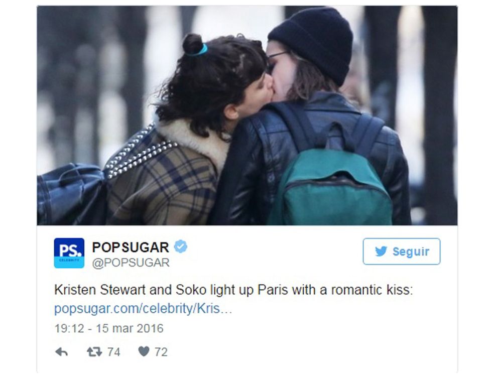 <p>Esta semana veíamos fotografías de Kristen Stewart junto a la cantante Stephanie Sokolinski (Soko) paseando por las calles de París cogidas del brazo.</p><p>Las sospechas de que hubiese algo más allá de una amistad se han confirmado ahora con un tweet publicado por <a href="https://twitter.com/POPSUGAR" target="_self">@POPSUGAR</a> donde Soko besa apasionadamente a la actriz en plena calle sin ocultarlo a las decenas de periodistas que han estado al acecho detrás de ellas durante su semana de vacaciones.</p><p>¿Habrá olvidado Kristen definitivamente a Robert Pattinson?</p>