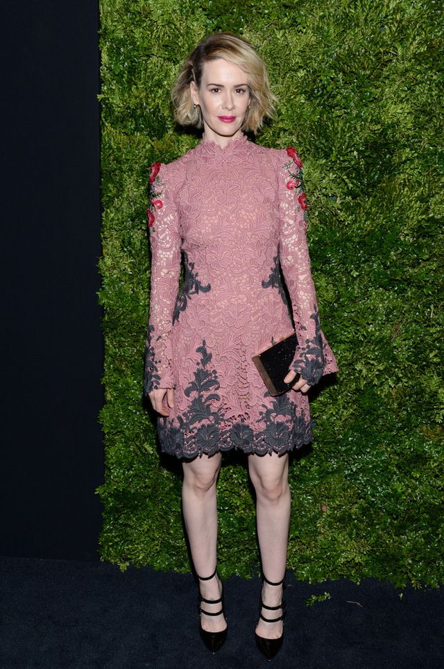<p><strong>Sarah Paulson</strong> eligió un vestido de encaje en rosa, gris y rojo, más accesorios en negro.&nbsp;</p>
