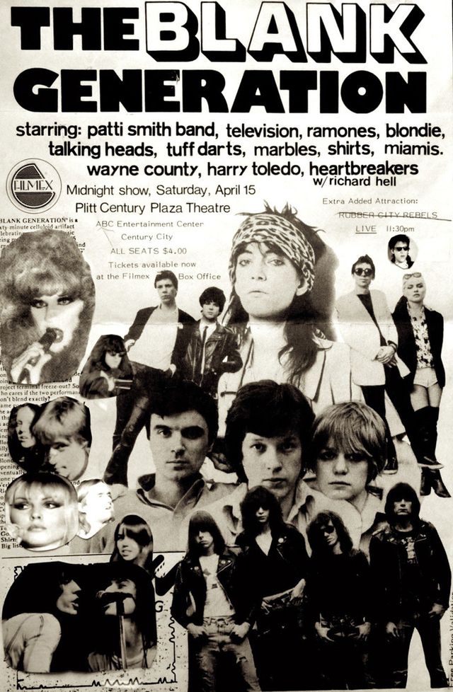 <p>Es la película punk de la generación punk. Sin orden ni concierto, como era de esperar, este filme de Amos Poe e Ivan Jral rodado en 1976 a partir de grabaciones caseras en 16 mm. <a href="https://www.youtube.com/watch?v=AGHNSzZHewM" target="_blank">“The blank generation”</a> es un testimonio único del nacimiento de un estilo musical, pues documenta las primeras actuaciones de Talking Heads, Ramones, Patti Smith, Blondie, Television, New York Dolls, Heartbreakers en garitos míticos como el CBGB, el Maxs Kansas City, el Bottom Line o la casa de la vocalista de Blondie, Debbie Harry. De un estilo tremendamente amateur, pero único.</p>