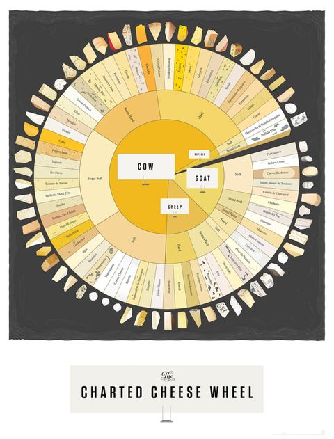 <p>Si eres una #quesoadicta, tal vez te guste este poster sobre un total de 65 clases de queso alrededor del mundo. A golpe de vista, puedes disfrutar de las variedades según el animal del que provenga, y otras descripciones que atacan a su textura, intensidad o apariencia. Es de <a href="http://popchartlab.com/products/the-charted-cheese-wheel" target="_blank">Pop Chart Lab</a> (25 € aproximadamente). ¡Curioso!</p>