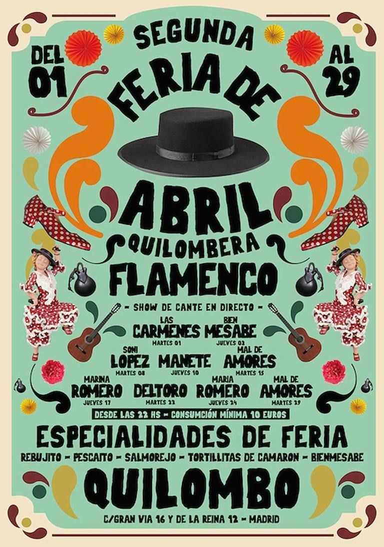 <p>Aún queda para la feria de abril, pero en <strong>Quilombo</strong> (Gran Vía 16, Madrid) se han adelantado. Desde ya y durante todo este mes, el local se convierte en una auténtica caseta de feria, con actuaciones en vivo de grupos flamencos, tapas andaluzas, litros de manzanilla y rebujito y <i>muso arte, mi arma. </i>Si te apetece marcarte unas sevillanas este fin de semana, ya sabes donde puedes ir. </p>