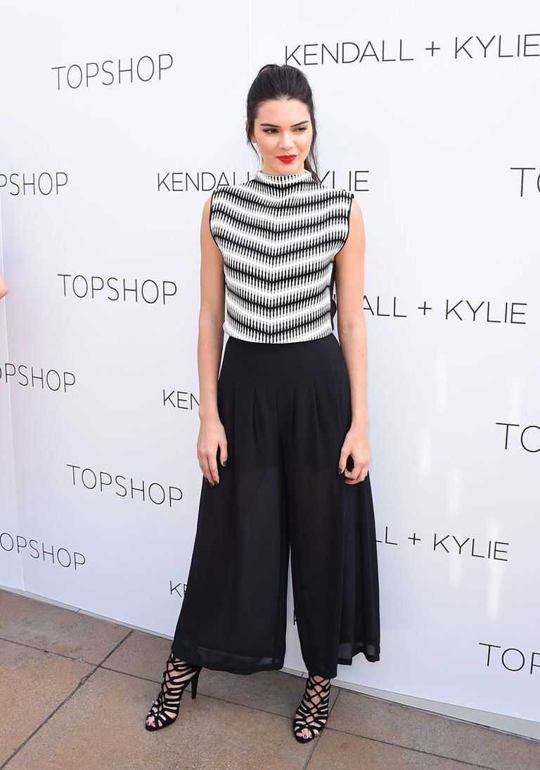 <p>En la presentación de su nueva colección para Topshop que ha diseñado junto a su hermana Kylie Jenner lució unas bermudas negras de campana semitransparentes con un top sin mangas en blanco y negro.&nbsp;</p>