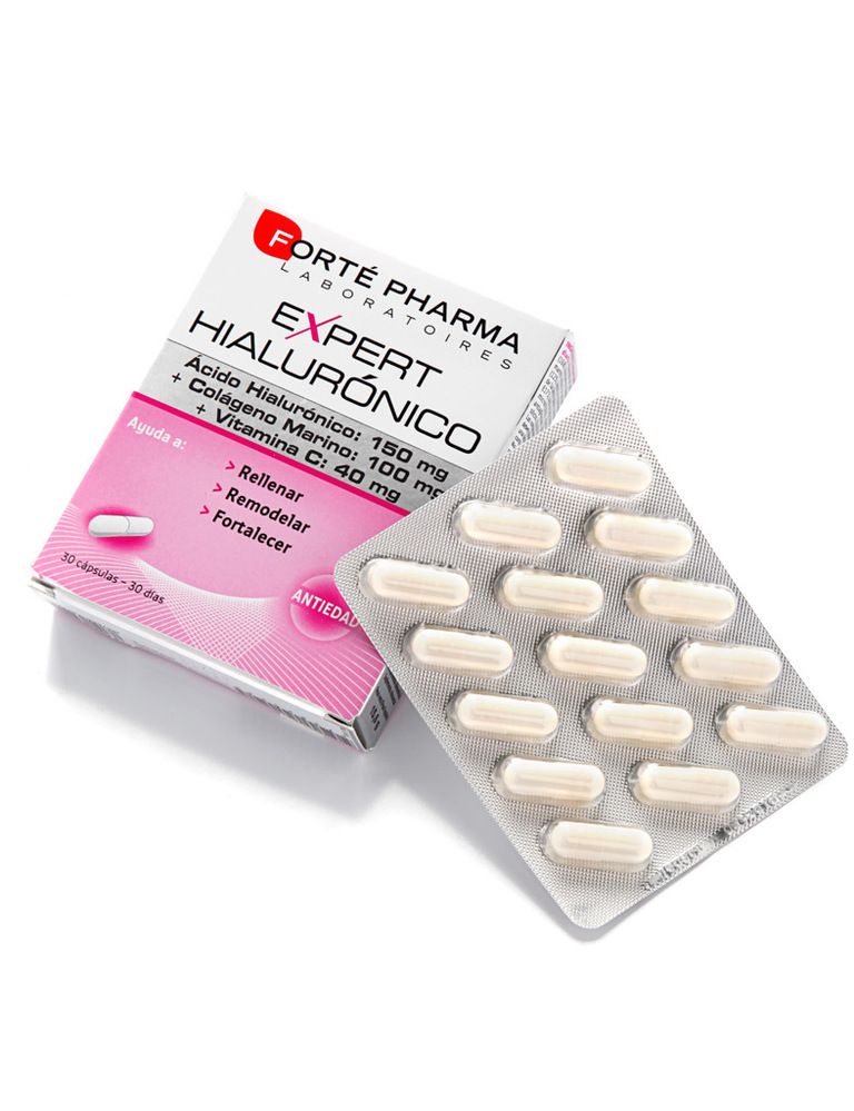 <p>'Expert Hialurónico' (27,50 €), de <strong>Forté Pharma</strong>, se presenta en cápsulas y aporta tres activos: 150 mg de ácido hialurónico, 100 mg de colágeo marino y 40 mg de vitamina C. </p>