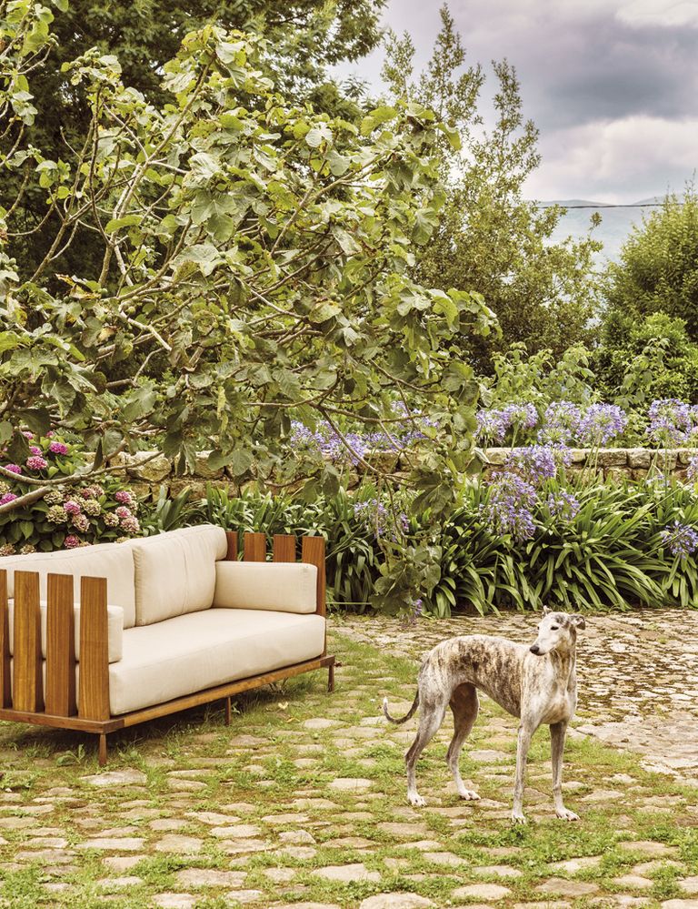 <p>En el jardín, Gala, la mascota de la familia, posa vigilante junto a un sofá de exterior de la colección Fence, realizado en madera de iroco por Nikolas Piper. </p>
