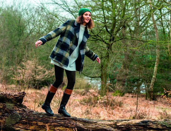 Plaid, Sleeve, Tartan, Textile, Outerwear, Coat, Boot, People in nature, Knee, Pattern, 