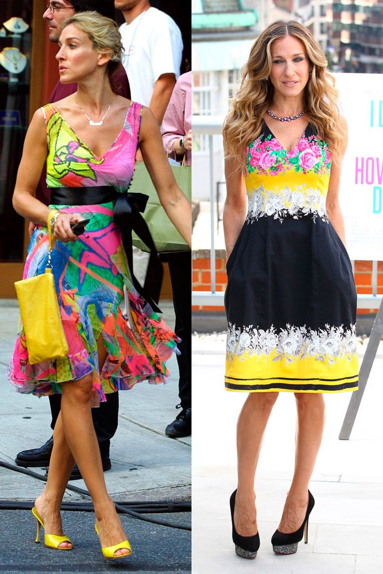 <p>Colores fuertes y print de flores en estos dos vestidos de Carrie y SJP.&nbsp;</p>