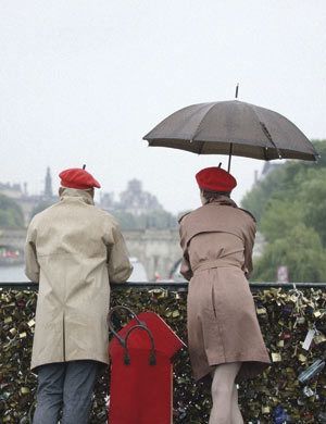 Standing, Umbrella, Textile, Red, Jacket, Back, Street fashion, Rain, Coquelicot, 