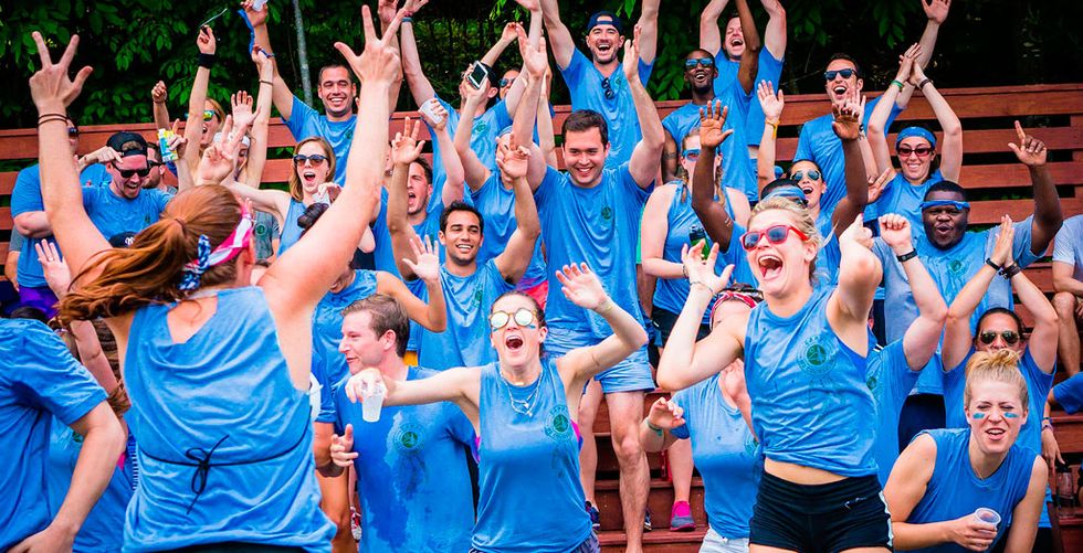 Fun, Social group, Style, Celebrating, Team, People in nature, Electric blue, Crew, Active shorts, Cheering, 