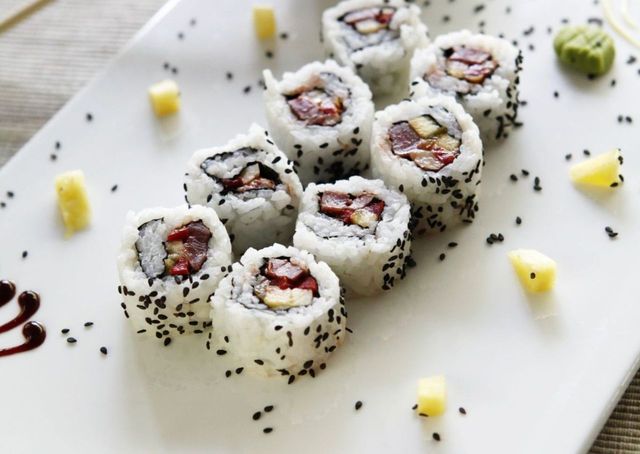 Cuisine, Food, Yellow, Sushi, Rice, Ingredient, Dish, Dishware, White rice, Steamed rice, 