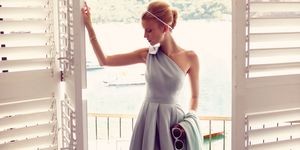 White, Photograph, Clothing, Dress, Beauty, Shoulder, Fashion, Standing, Room, Window covering, 