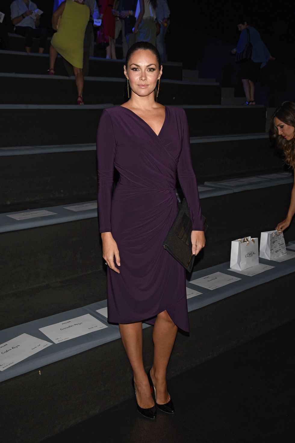 Human body, Shoulder, Dress, Joint, Human leg, One-piece garment, Purple, Formal wear, Fashion, Day dress, 