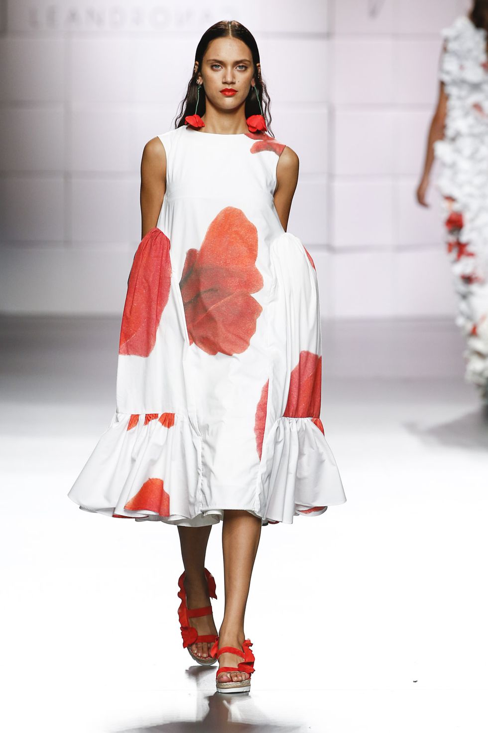 Clothing, Dress, Shoulder, Red, Joint, White, One-piece garment, Style, Fashion model, Fashion show, 